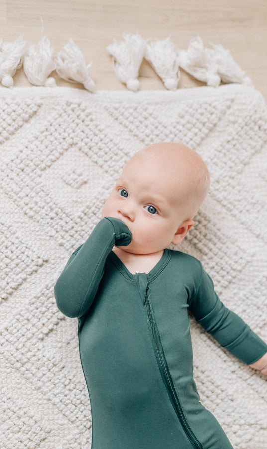 Baby Wearing Luna Luz Two-Way Zip Romper Pajama in Pine