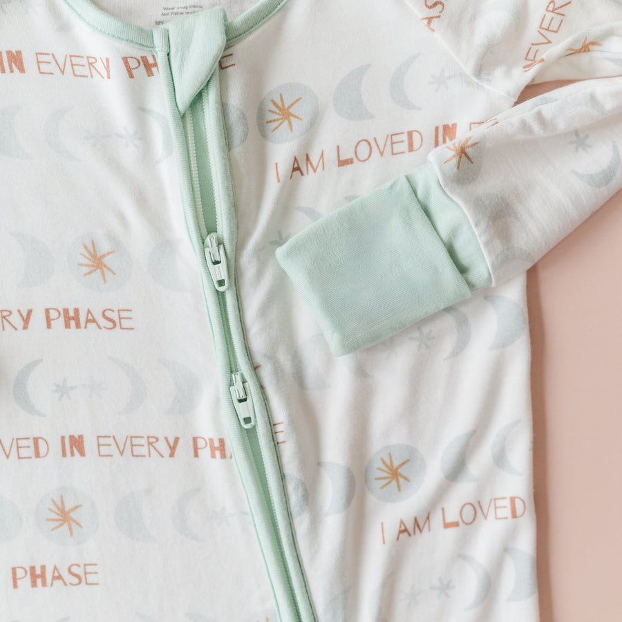 Luna Luz Two-Way Zip Pajama Romper in Light to All Color With Double Zip and Fold-Over Mittens at Wrists