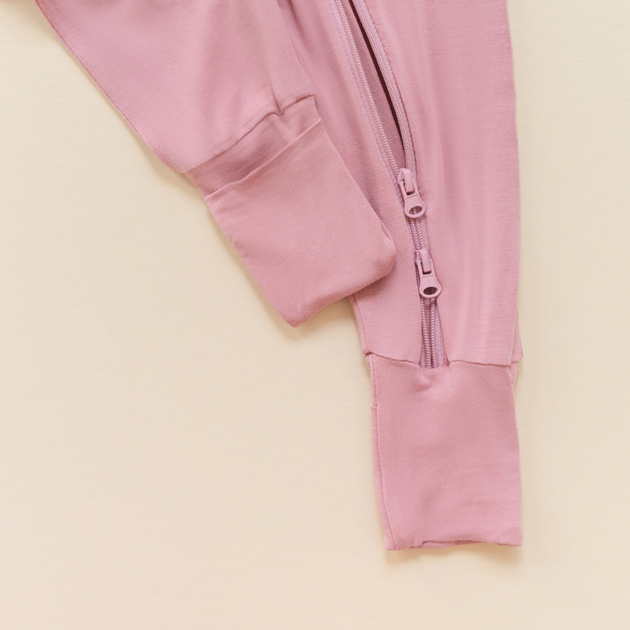 Luna Luz Two-Way Zip Pajama Romper in Mauve With Double Zip and Fold-Over Mittens at Ankles