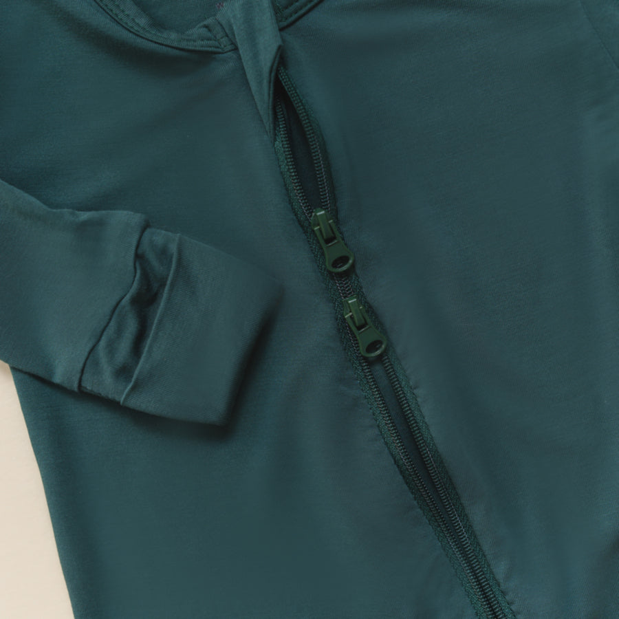 Luna Luz Two-Way Zip Romper Pajama in Pine With Double Zip and Fold-Over Mittens at Wrists