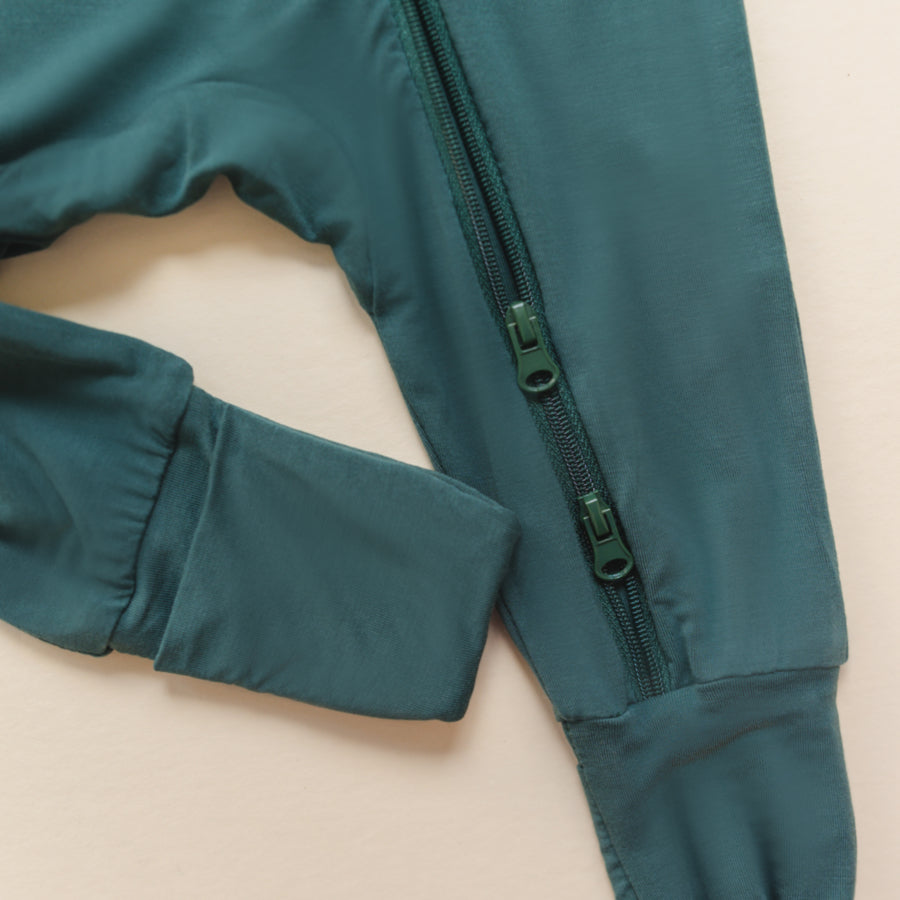 Luna Luz Two-Way Zip Romper Pajama in Pine With Double Zip and Fold-Over Mittens at Ankles
