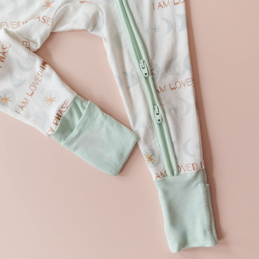 Luna Luz Two-Way Zip Romper Pajama in Light to All Color With Double Zipper and Fold-Over Mittens at Ankles