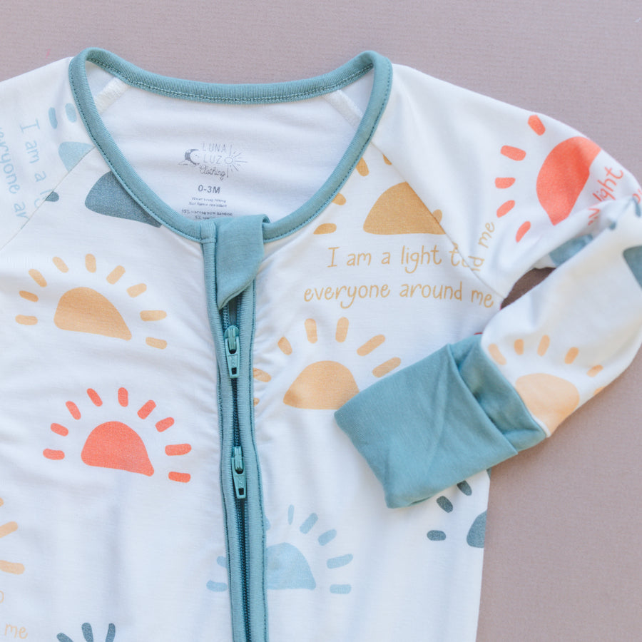 Luna Luz Two-Way Zip Pajama Romper in Light to All Color With Double Zip and Fold-Over Mittens at Wrists