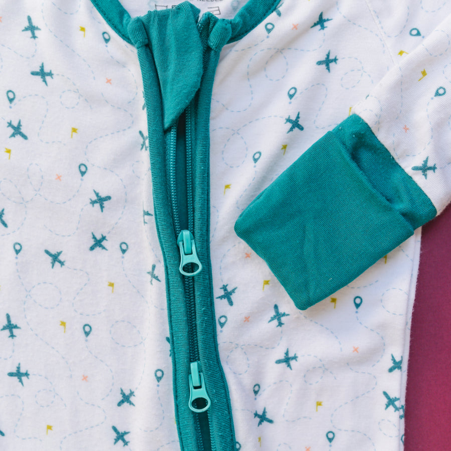 Luna Luz Two-Way Zip Romper in Fly Away Color With Two-Way Zip & Fold-Over Mittens at Wrists