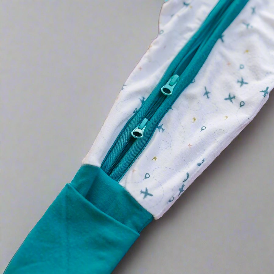 Luna Luz Two-Way Zip Romper in Fly Away Color With Two-Way Zipper and Fold-Over Mittens at Ankles
