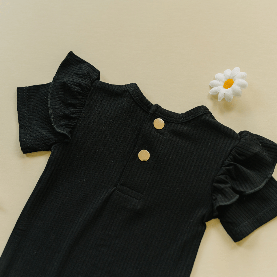 Luna Luz Black Bamboo Ruffle Sleeve Onesie - Snaps at Back of Neck