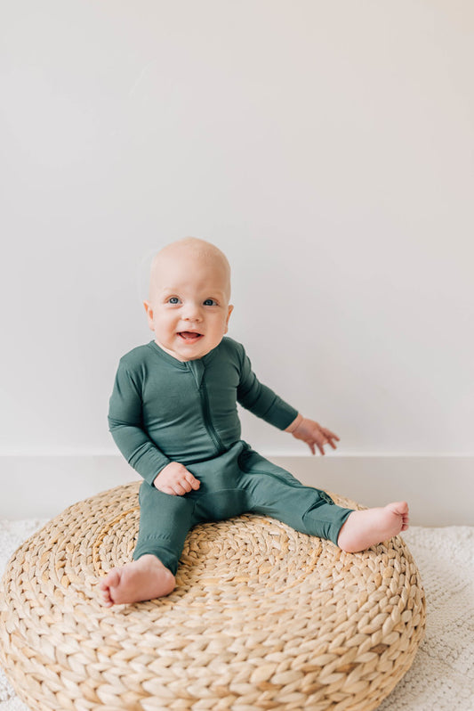 Baby Wearing Luna Luz Two-Way Zip Romper Pajama in Pine