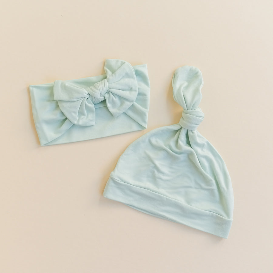 Luna Luz Bow Headband and Knotted Hat in Mint