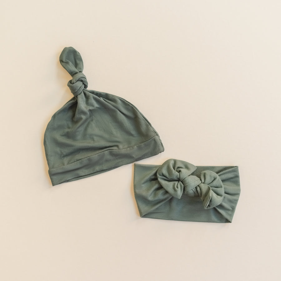 Luna Luz Bow Headband and Knotted Hat in Olive