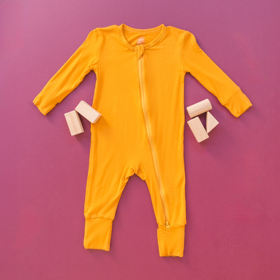 Luna Luz Two-Way Zip Romper Pajama in Mustard