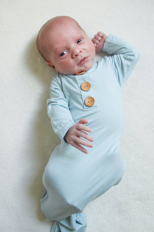 Baby Wearing Luna Luz Knotted Gown in Sky Blue