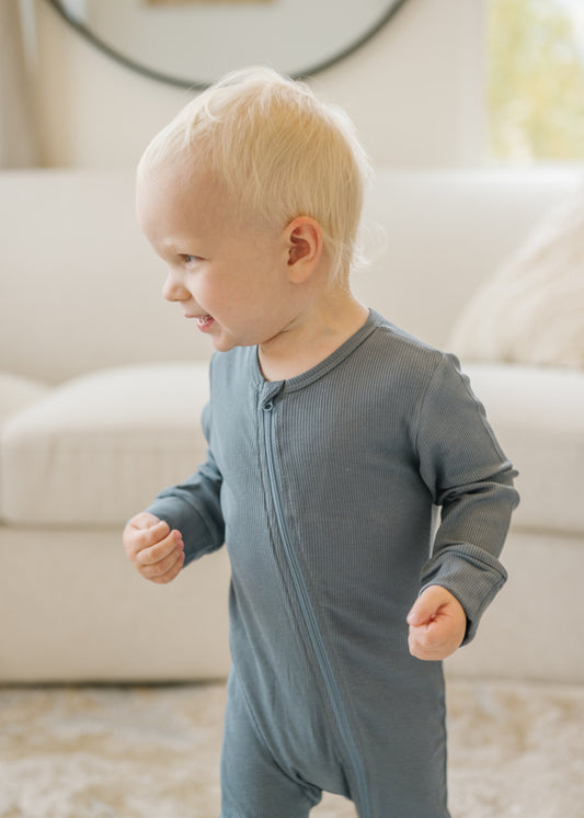 Blue Ribbed Pajama Romper